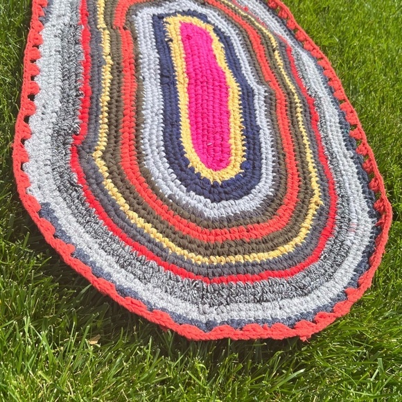 HANDMADE crochet upcycled recycled multicolor colorful bohemian mat 35" by 21" - Picture 2 of 10